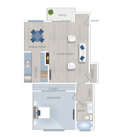 Floor plan for 1 bed, 1 bath, 723 sqft